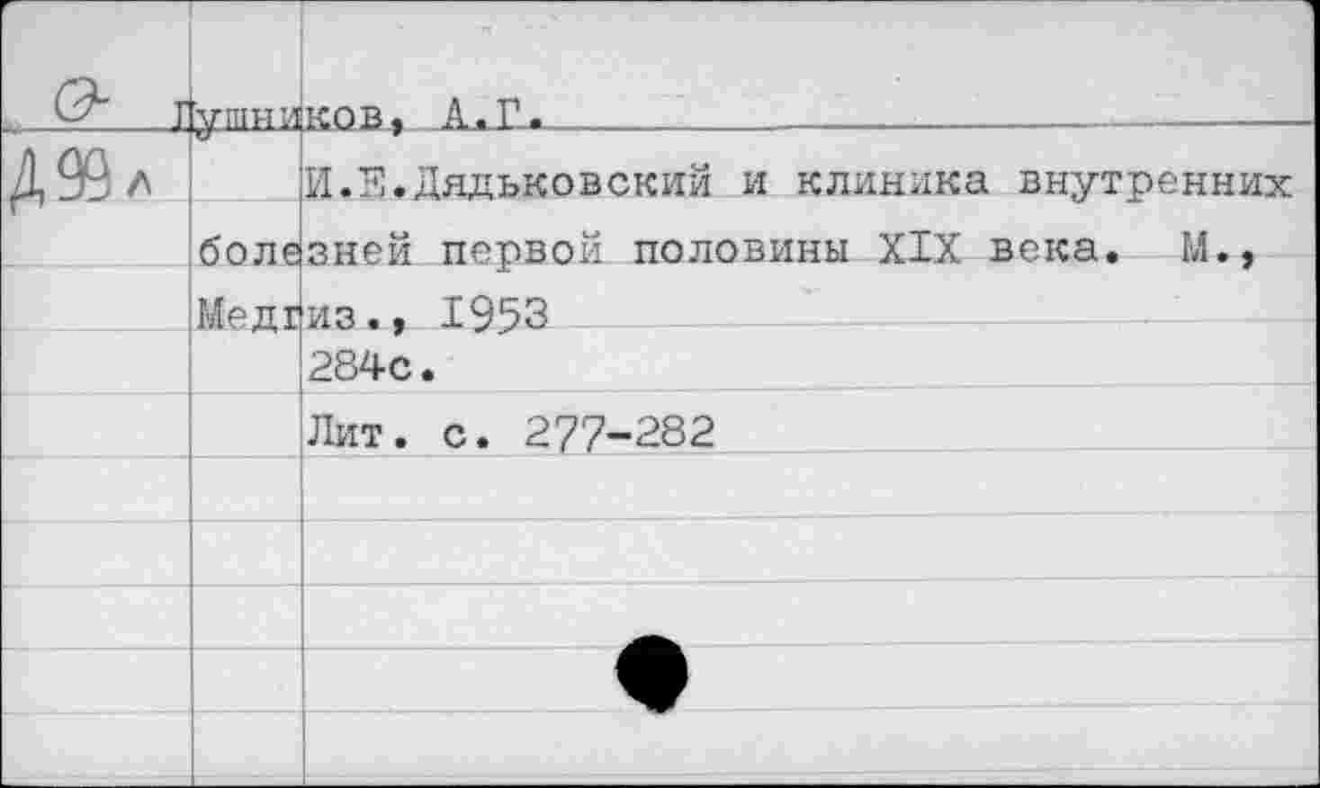 ﻿. О' г	у ШНИ	ков, А.Т-.	_		 	
Д99л	боле Мед г	И.Я.Дядьковский и клиника внутренних зней первой половины XIX века. М., из., 1953
		284с.
		Лит. с. 277-282
		
		
		
		
		